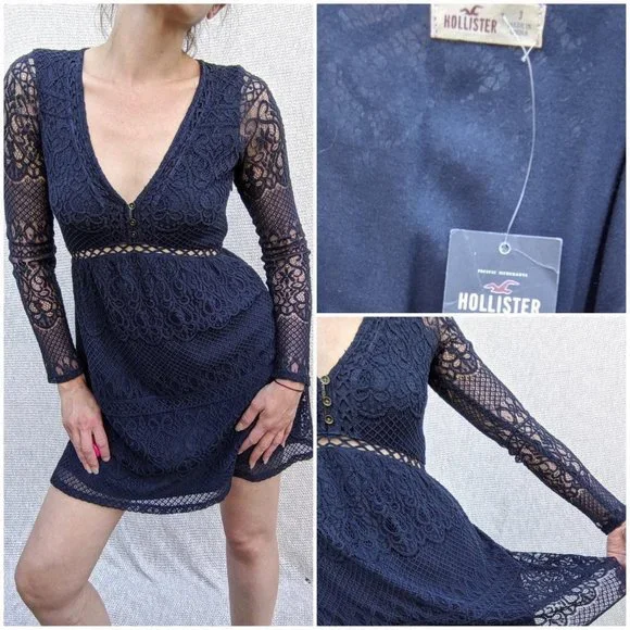 hollister long sleeve lace navy blue skater dress keyhole back juniors sz 3 - Picture 4 of 4